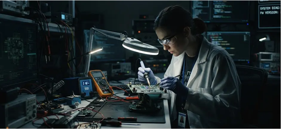 A technician soldering a circuit board at a lab bench.