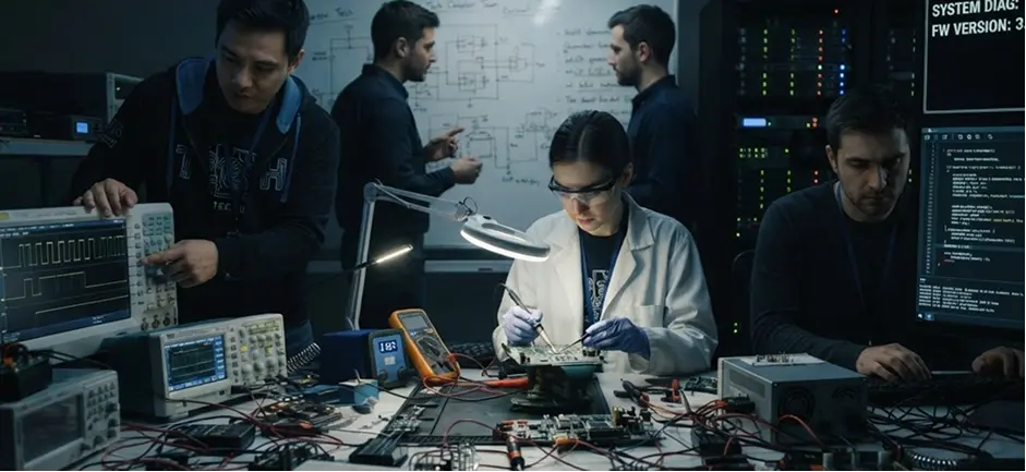 Engineers at a lab bench with oscilloscopes, a soldering station, a whiteboard of circuit diagrams and a server rack.
